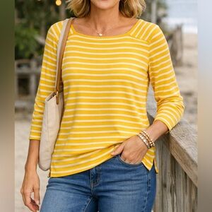 L.L. Bean Women’s Cotton Striped Knit Top Yellow Casual Long Sleeve Size L